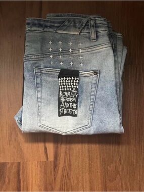 Ksubi Light Blue Slim Jeans with Cross Stitch Detail